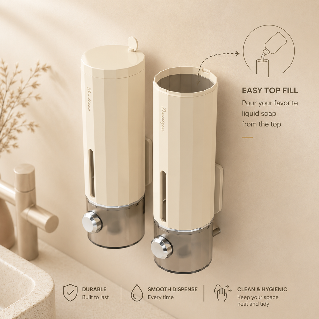 Wall soap dispenser set, white units with dark base and round bronze dispense buttons.