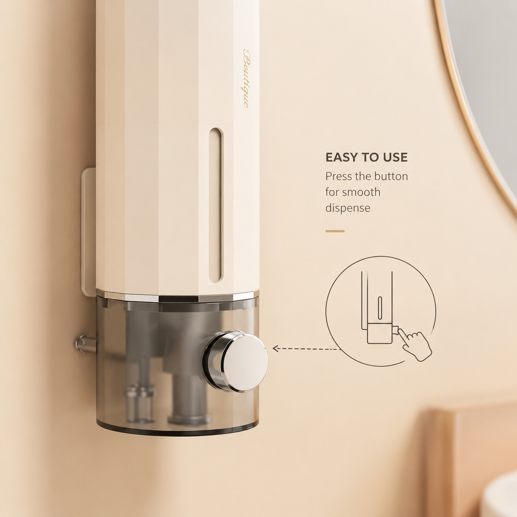 Wall soap dispenser, white body with long dispensing slot and round bronze control button.