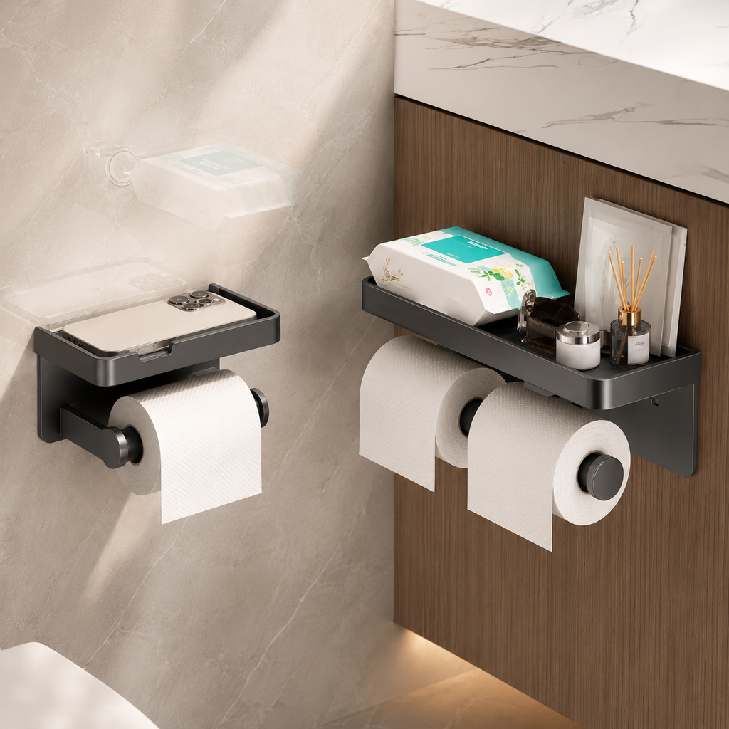 Wall-mounted tissue holder shelf with two toilet paper rolls and side paper guides, dark gray