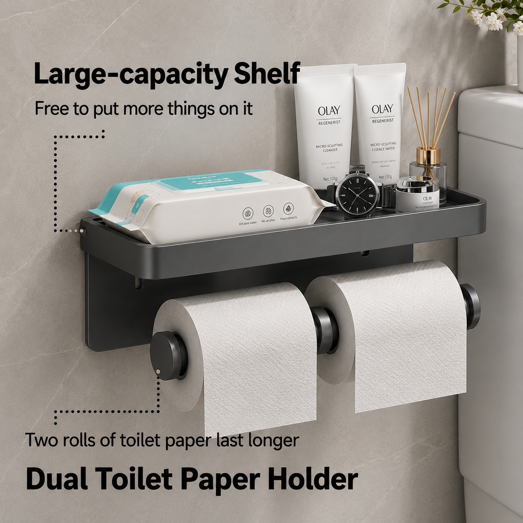 Large wall-mounted toilet paper holder with shelf storing tissues and two rolls, dark gray