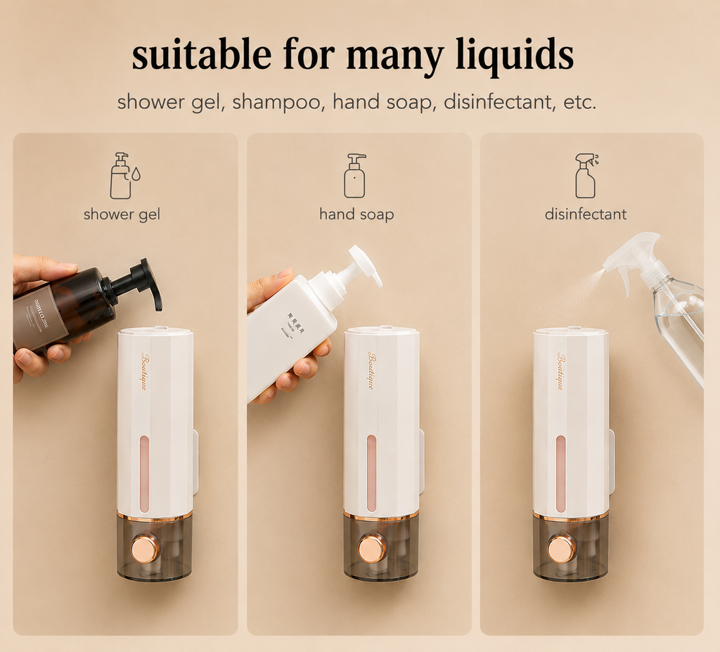 Wall soap dispenser, white unit with bronze button for soap, sanitizer, and gel liquids.
