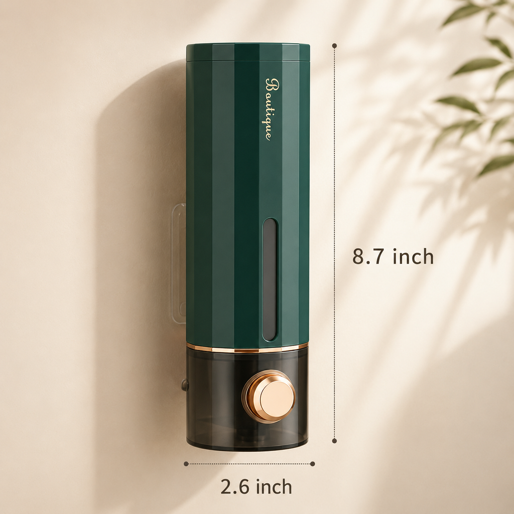 Wall soap dispenser, green with vertical slot and bronze round dispense button.