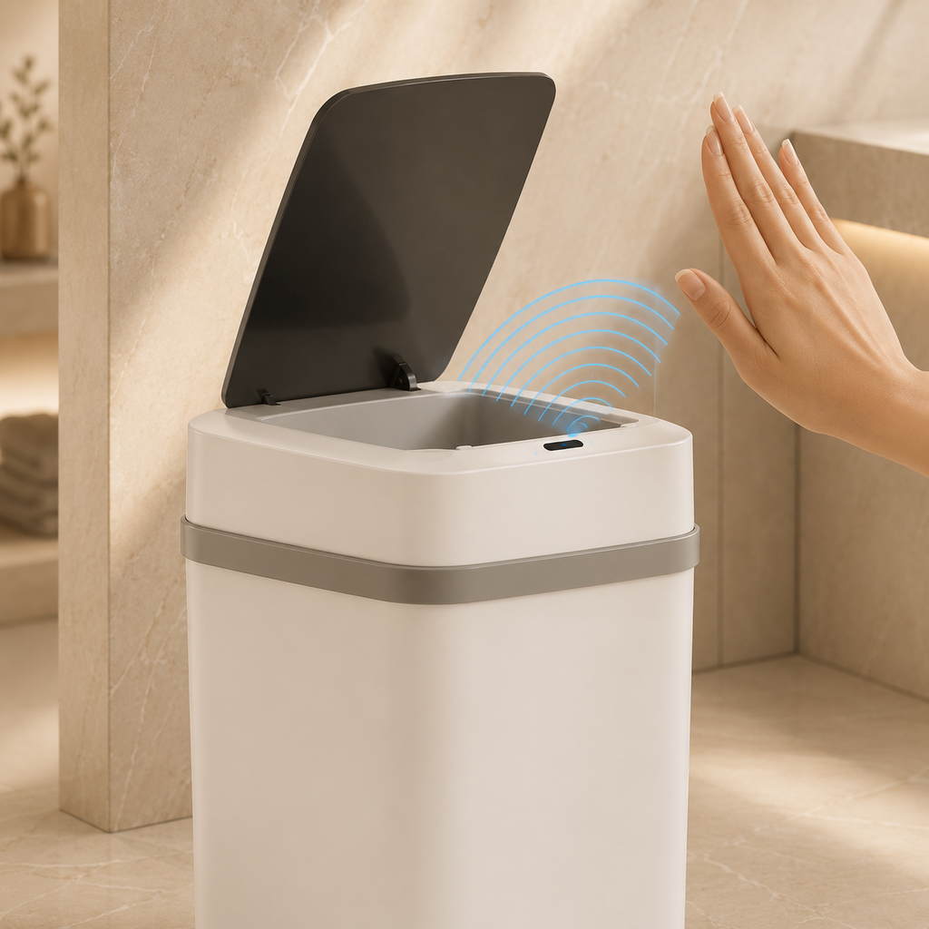 White waste bin with open black lid and hands near the sensor