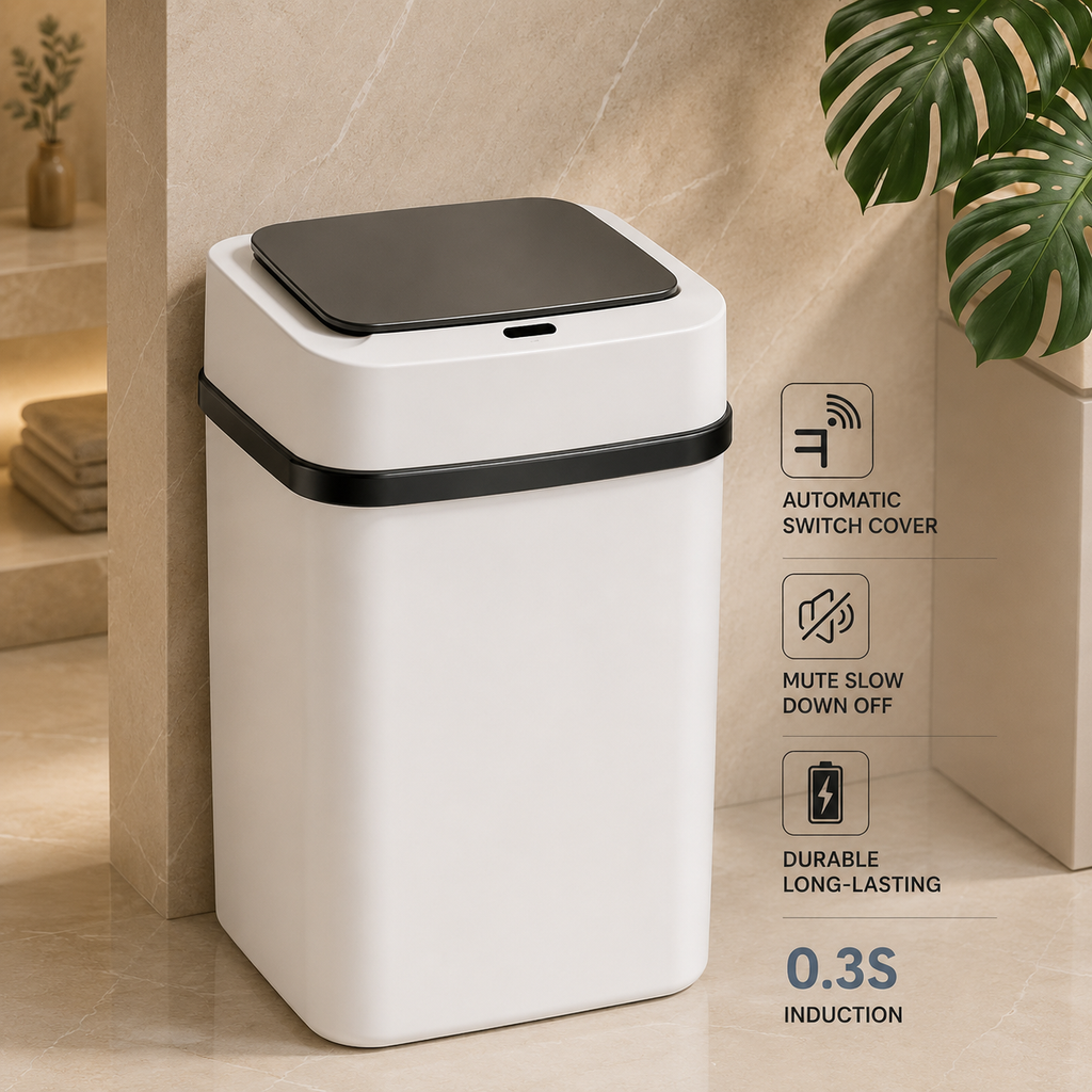 White automatic waste bin with black lid, 13L capacity