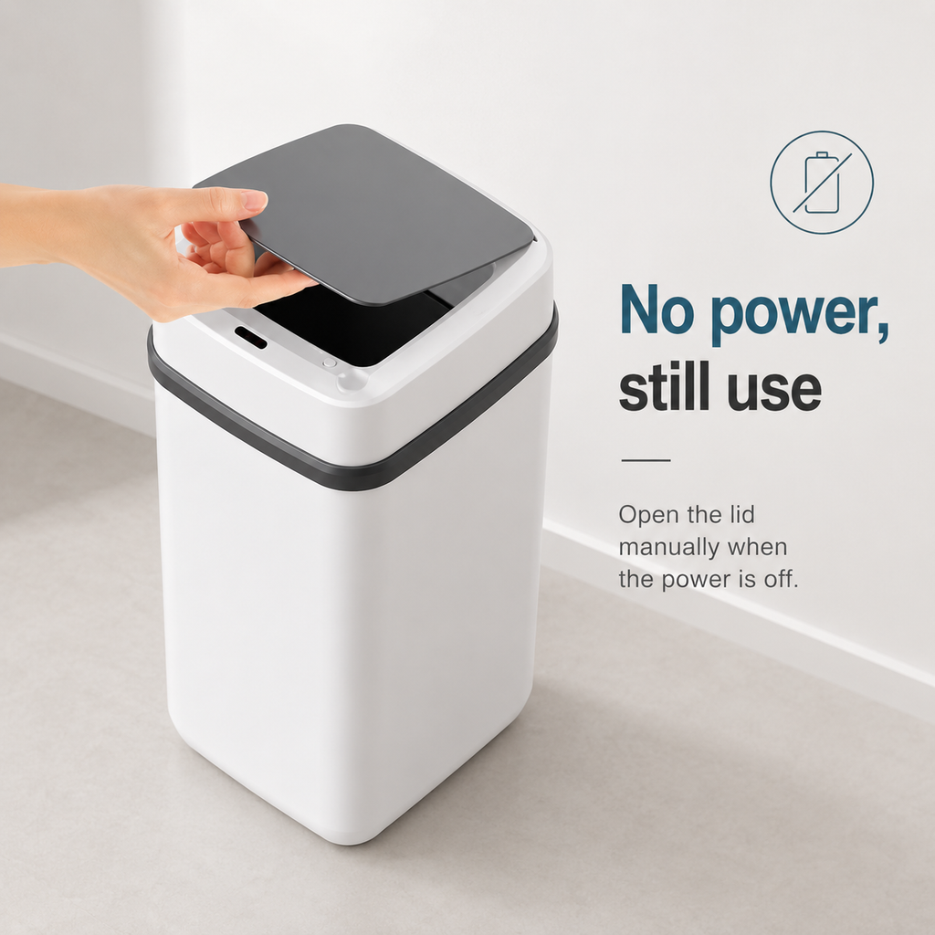 White waste bin with open black lid, hand lifting for manual use