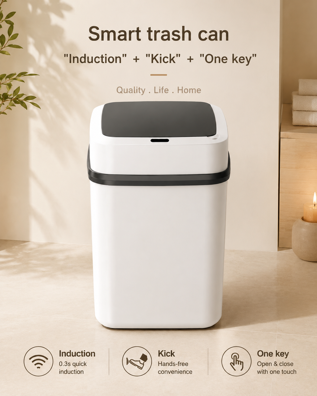 White smart trash can with black top lid, front view