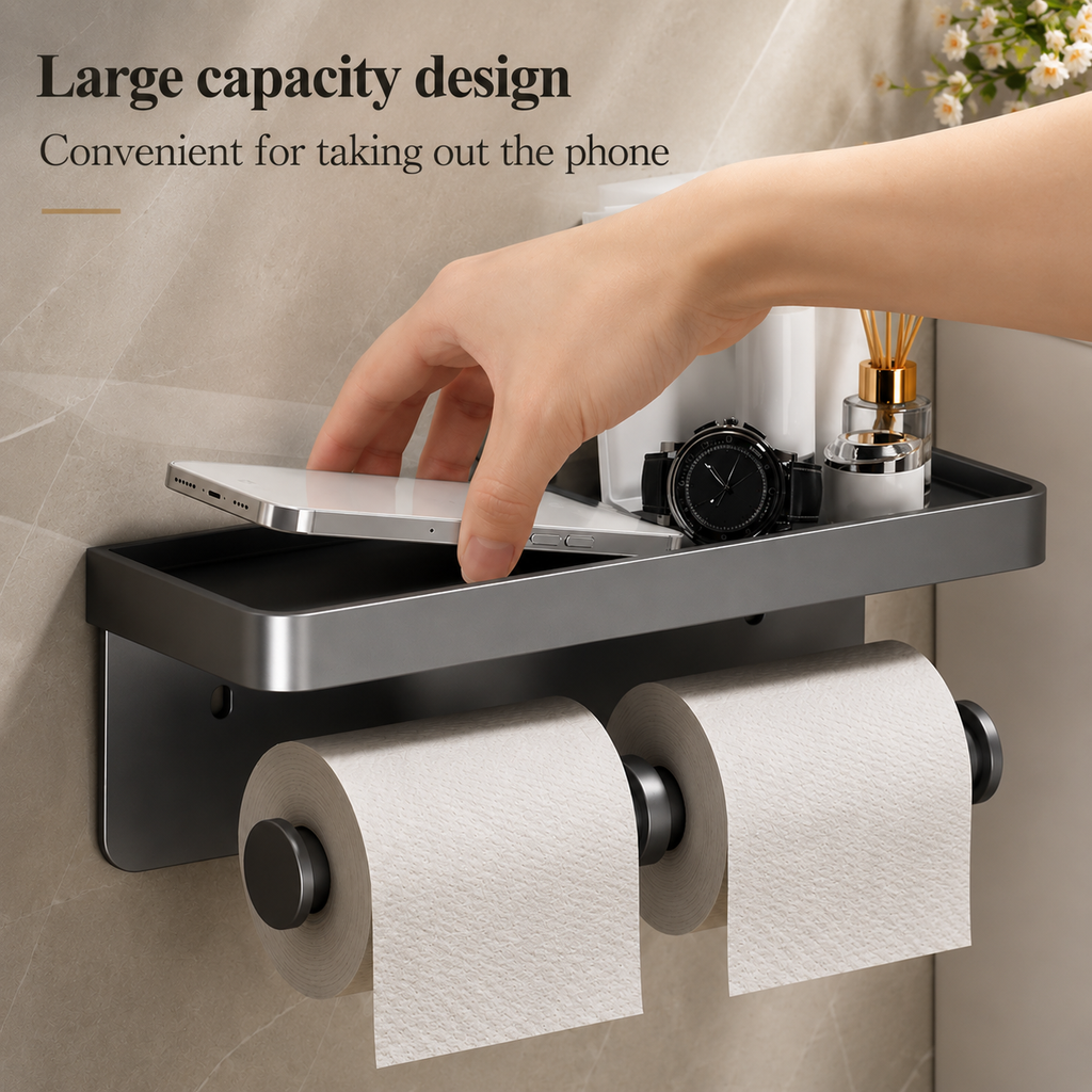 Wall-mounted toilet paper holder shelf with two rolls and built-in side holders, dark gray