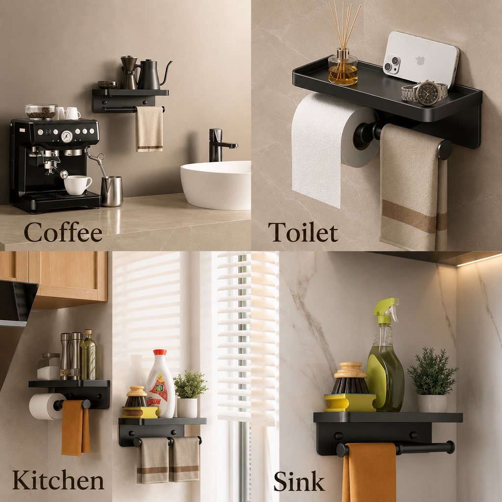 Wall-mounted tissue holder shelf with toilet paper rolls and top shelf for small items, dark gray