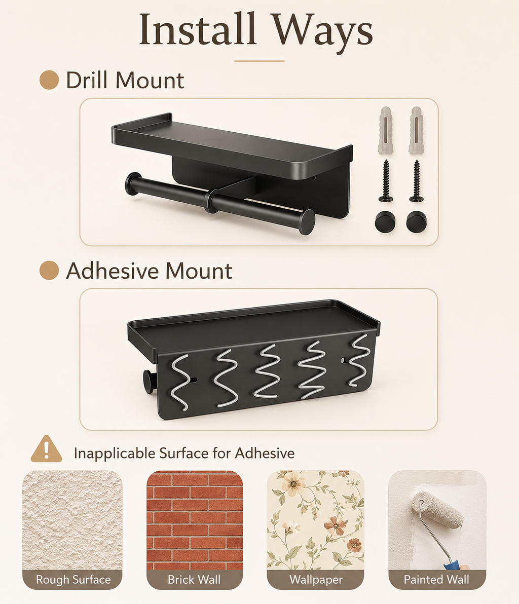 Toilet paper holder shelf showing drill-mount and adhesive-mount installation options, dark gray