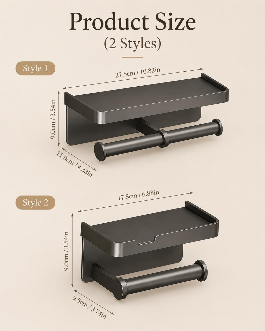 Toilet paper holder shelf product size diagram showing two styles and roll capacity, gray