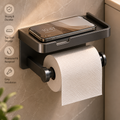 Dark tissue holder shelf with top shelf and single roll of paper towels