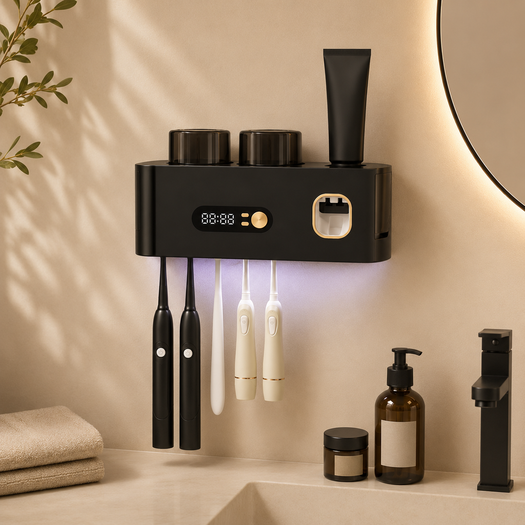 Black toothbrush sanitizer holder with two cups, toothbrush slots, and digital display