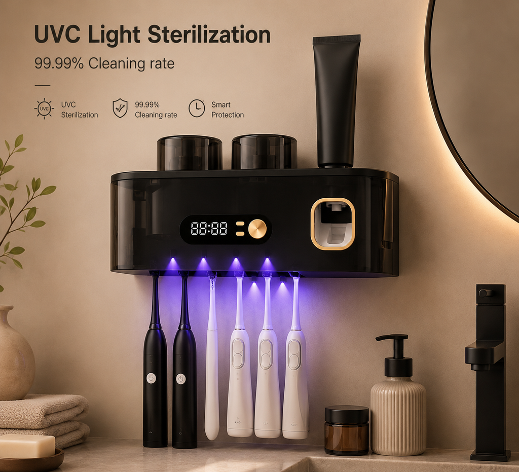 Black sanitizer holder with two cups, toothbrush slots, and UV light glow beneath