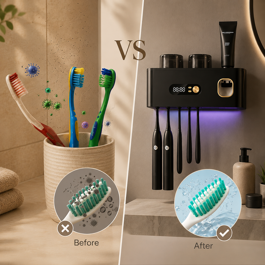 Black sanitizer holder with two cups and toothbrushes, lit under UV beam