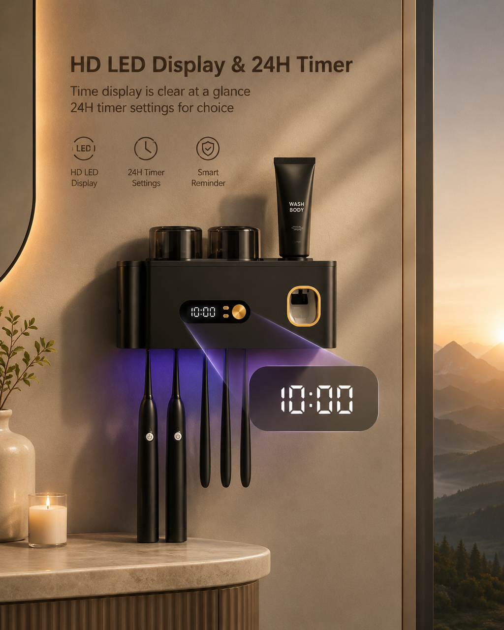 Black sanitizer holder with LED display, toothbrush slots, and purple UV light