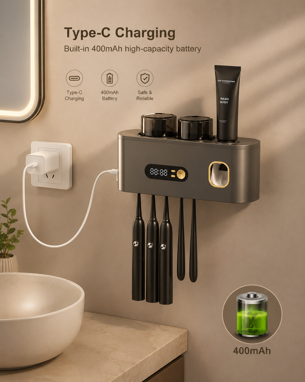 Black sanitizer holder with Type-C charging cable, two cups, and toothbrush slots