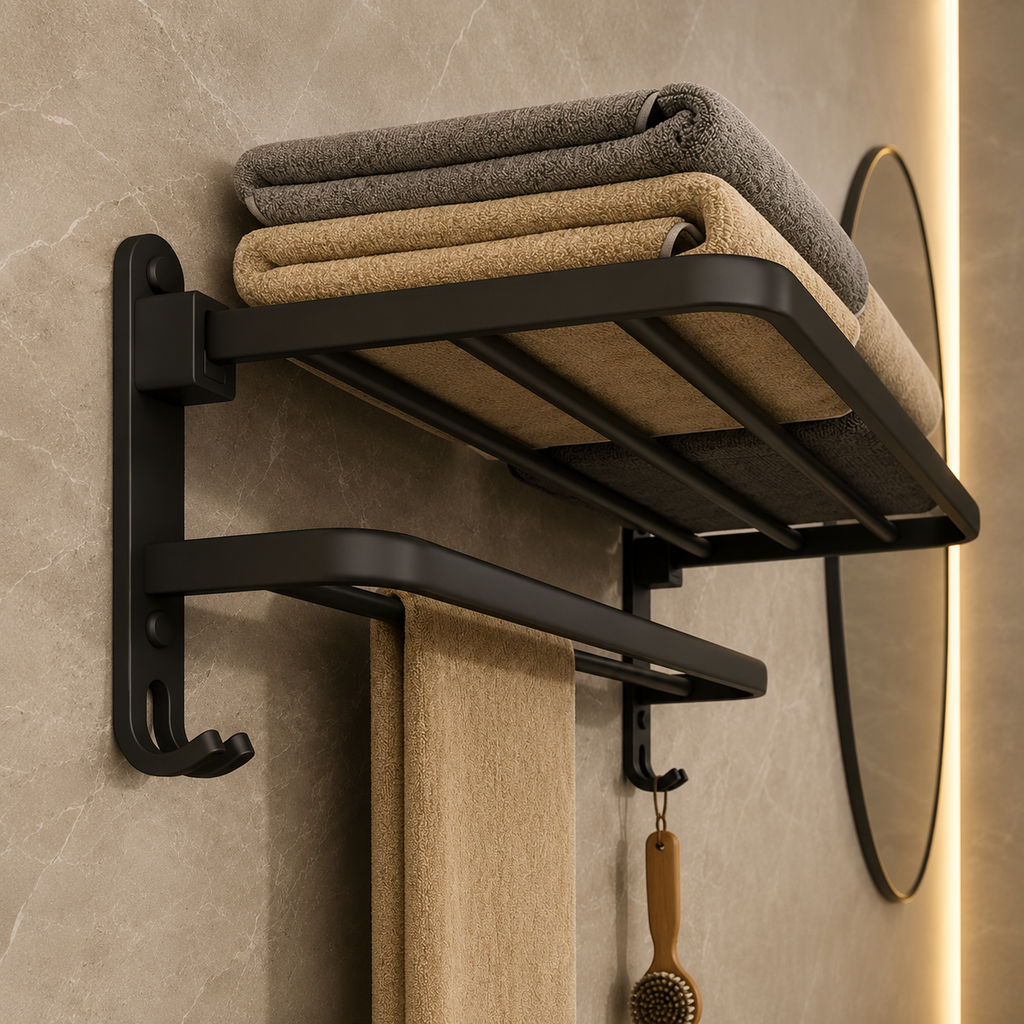 Black foldable towel rack with wall-mount frame, two bars, and curved side hooks