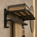 Black foldable towel rack with wall-mount frame, two bars, and curved side hooks