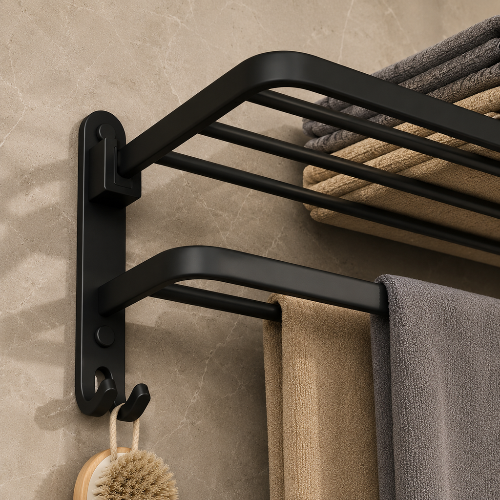 Black foldable towel rack on wall mount with horizontal bars and side hooks