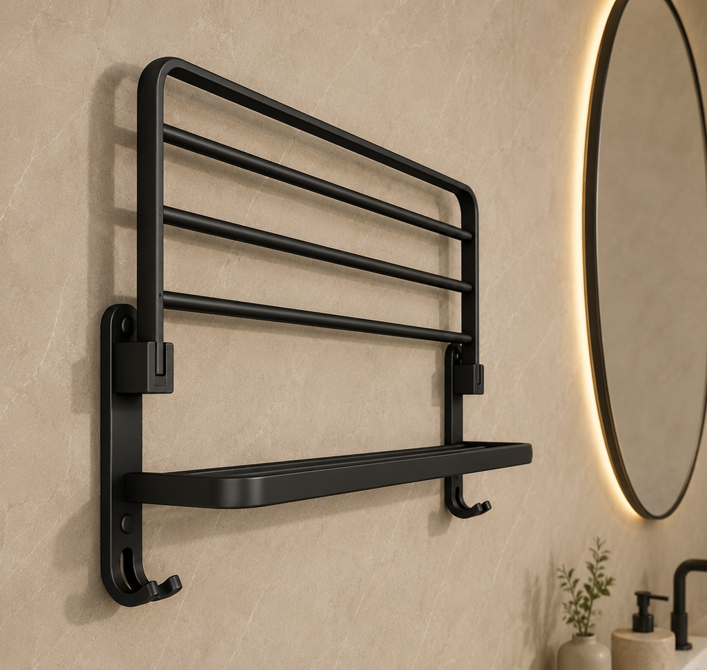Black foldable towel rack with wall hinges, horizontal bars, and towel holder bar
