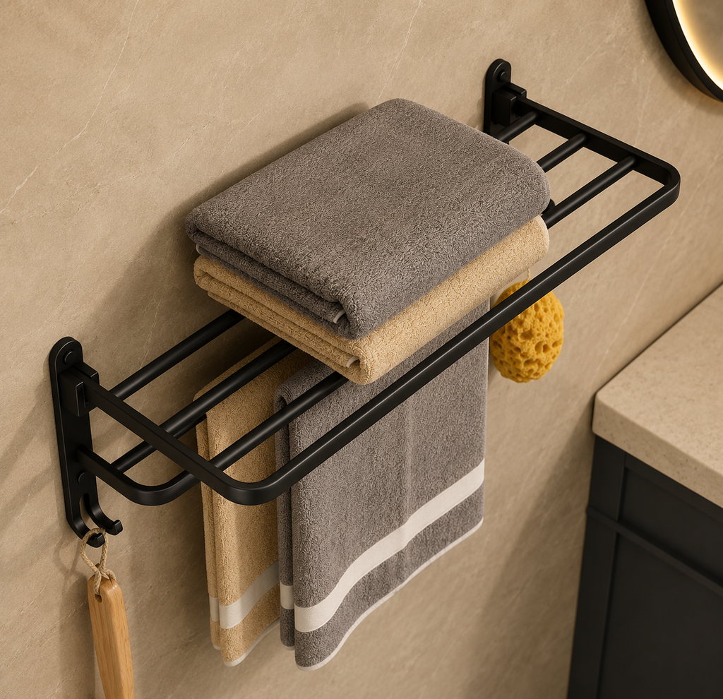 Black foldable towel rack holding folded towels, with wall hooks and ladder-style bars