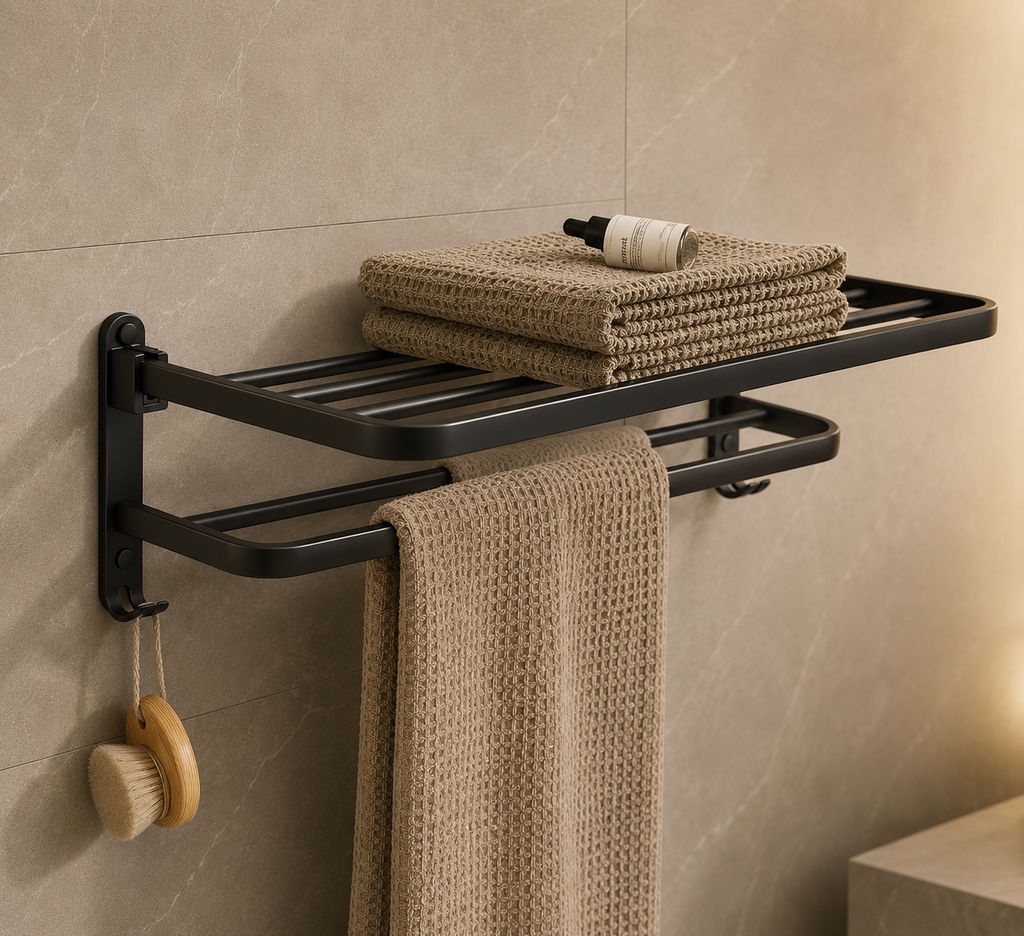 Black foldable towel rack with top shelf, side hooks, and stacked rolled towels