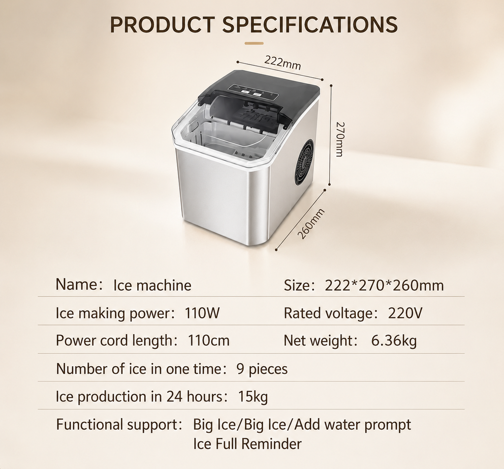 Silver-gray ice maker with labeled size and power specifications diagram