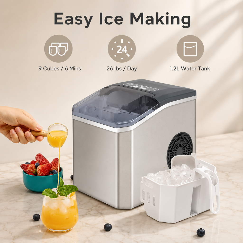 Silver-gray countertop ice maker with ice bin and scoop ready to dispense ice