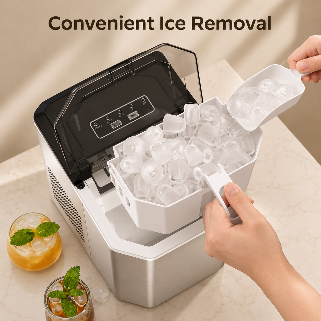 Silver-gray ice maker with removable ice basket being lifted for easy removal