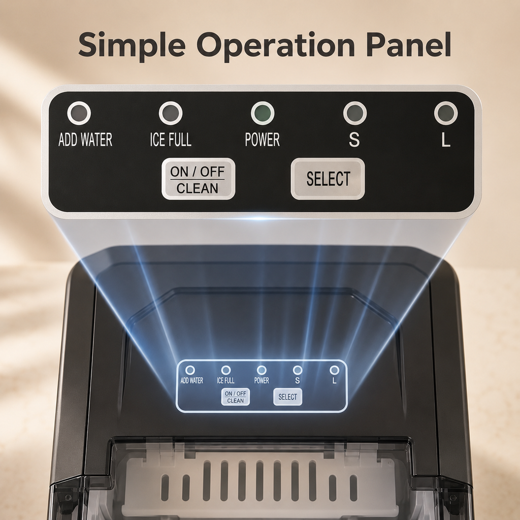 Silver-gray ice maker with control panel showing water and ice level indicators