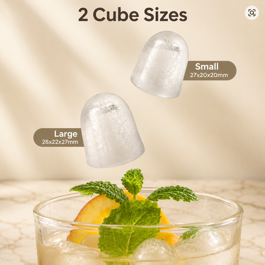Two-size clear ice cubes, small and large, shown above a drink
