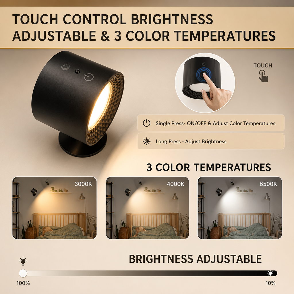 Black wall light with touch controls and textured grille around the bulb