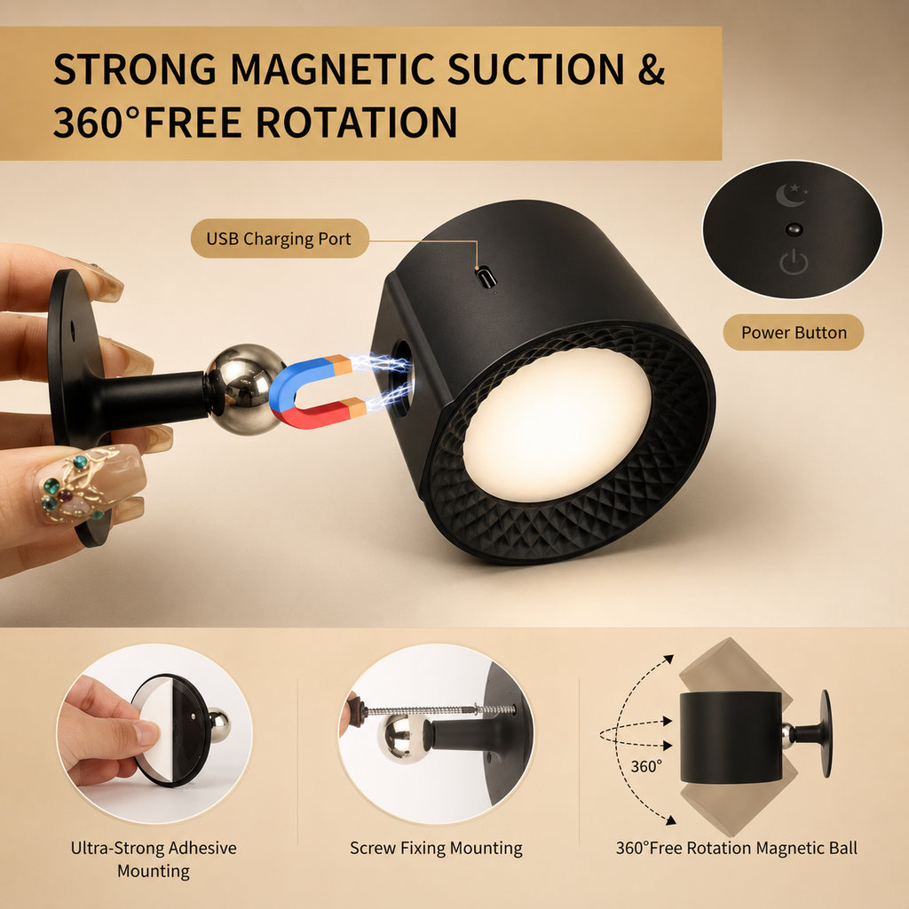 Black wall light with magnetic base, USB charging port, and round glowing bulb