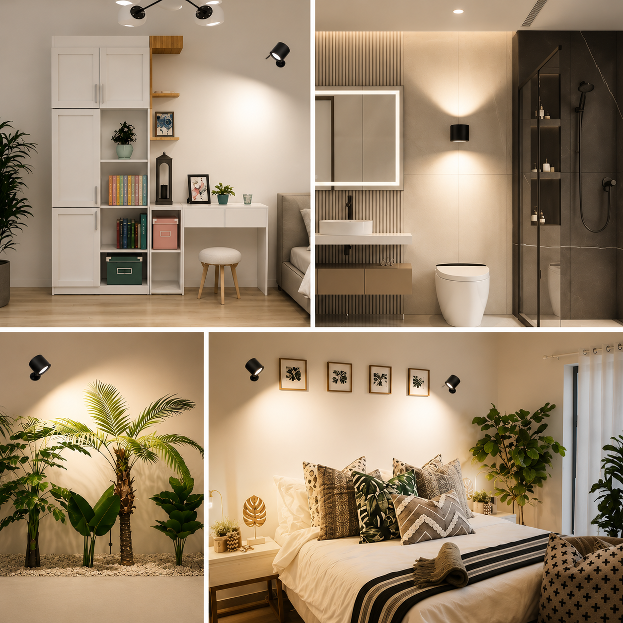 Black wall lights installed on walls, featuring textured round downlight heads