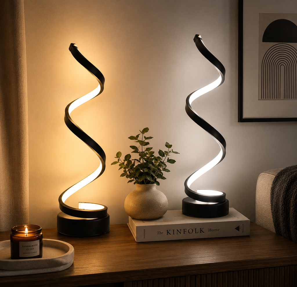 Pair of spiral LED table lamps with wavy white light strips on black bases