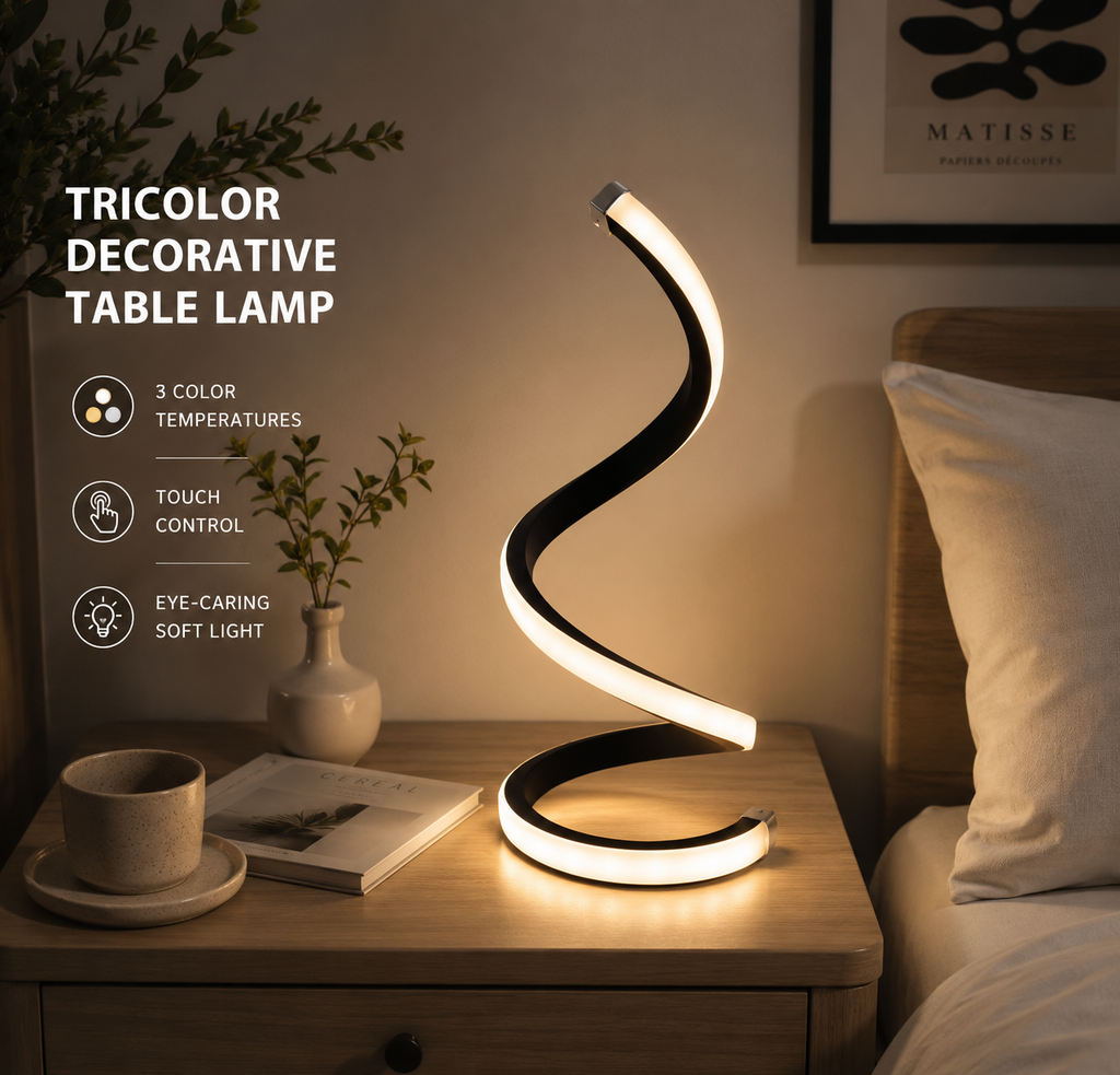 Spiral LED table lamp with curved wavy LED strip on black base, glowing warm white