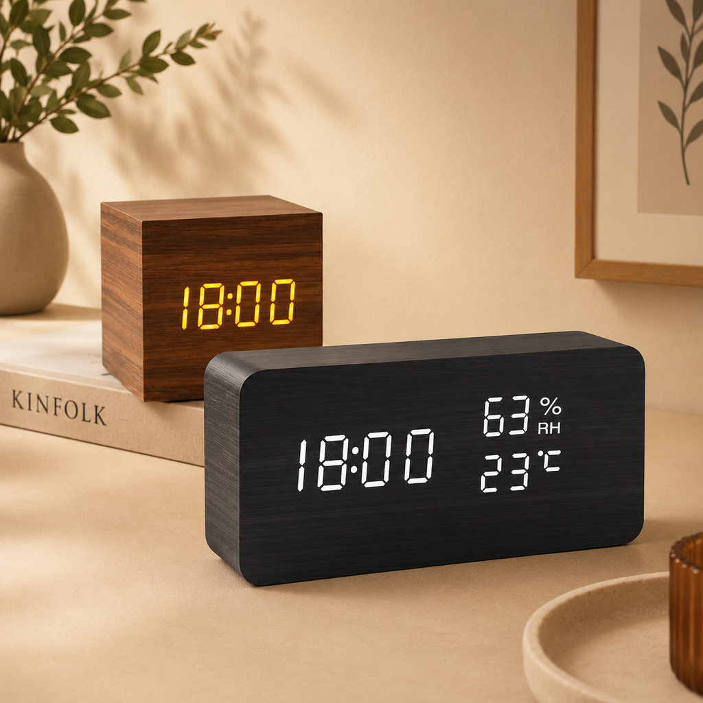 LED wooden clock with dark frame and glowing amber time, temperature, and humidity display
