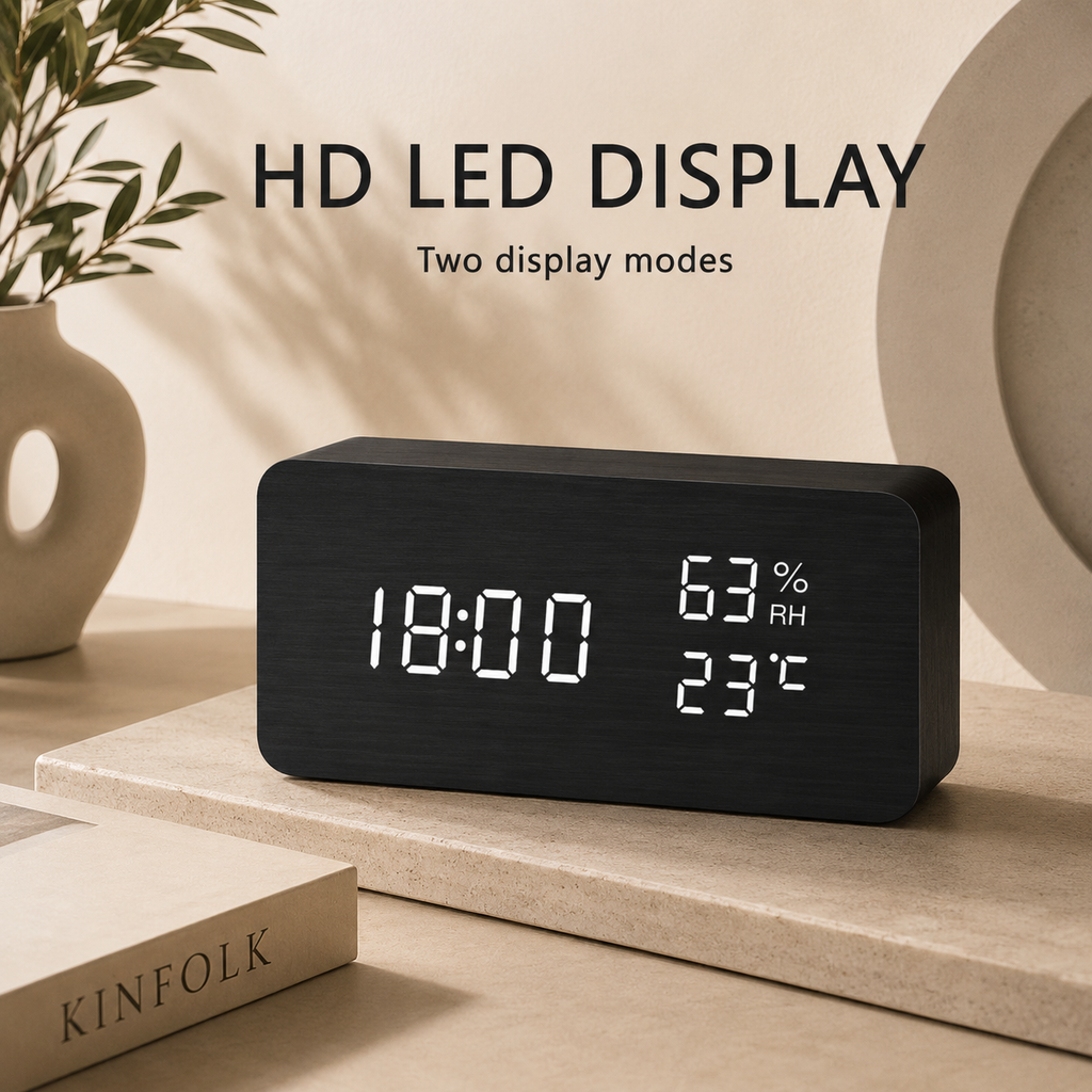 Square LED wooden clock with dark body and bright white time, humidity, and temperature display