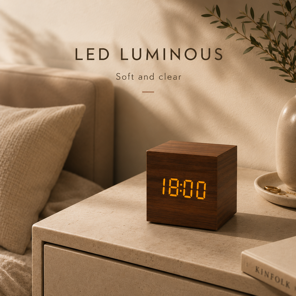 LED wooden alarm clock with warm brown finish and glowing amber time display