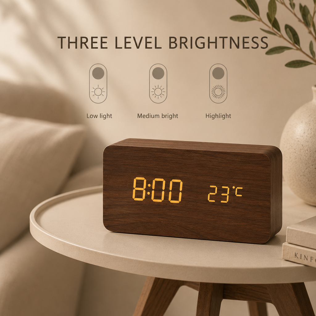 LED wooden clock with brown finish and amber time plus temperature on digital display