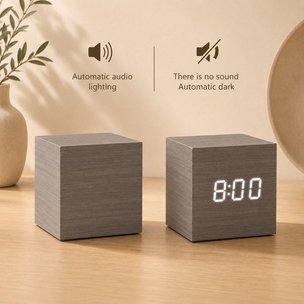 Two LED wooden clocks with dark gray bodies and glowing white time display