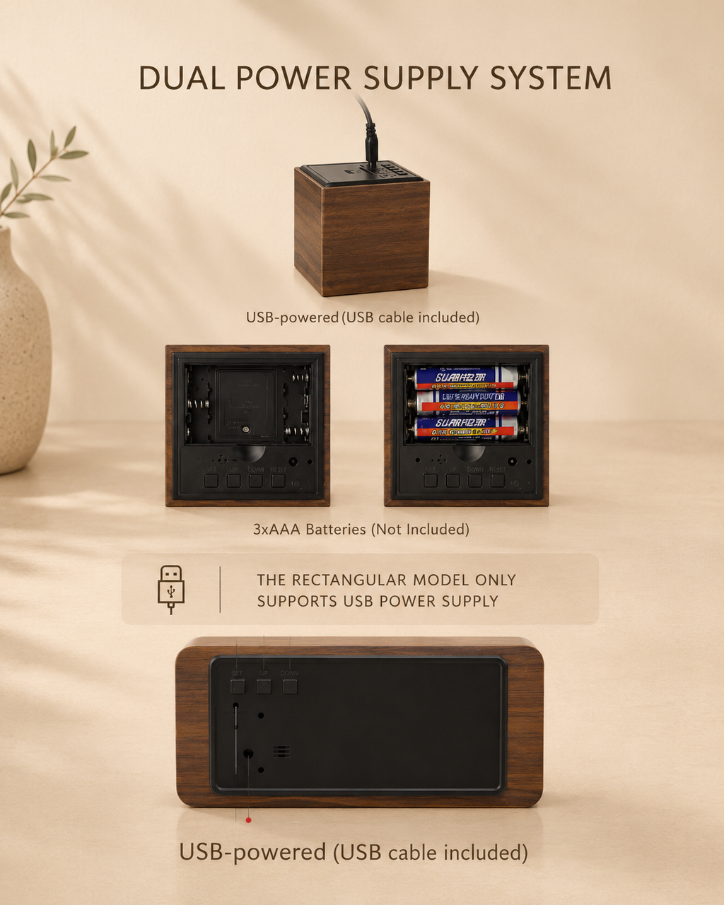 LED wooden clock showing rear panel and power options: USB cable and battery compartment