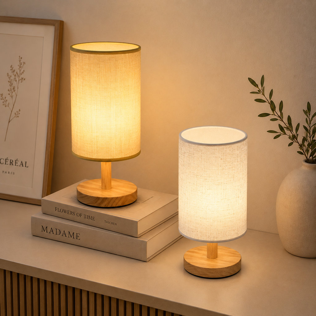 Bedside lamp with cylindrical fabric shade and round wooden base, warm lit