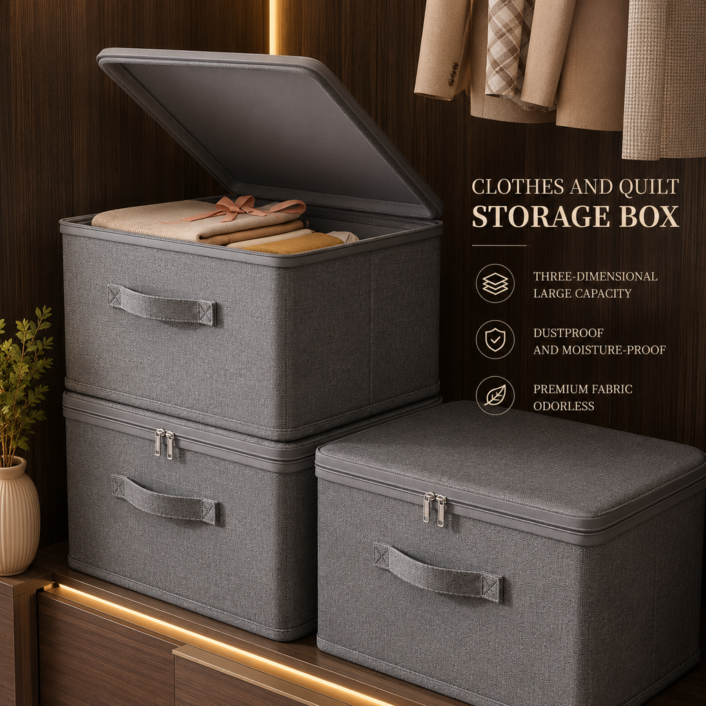 Two grey fabric foldable storage boxes, one with open lid and front pull handles