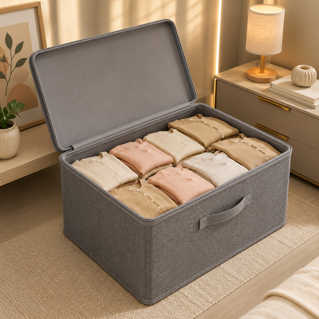 Grey fabric foldable storage box with open lid holding folded clothes or linens