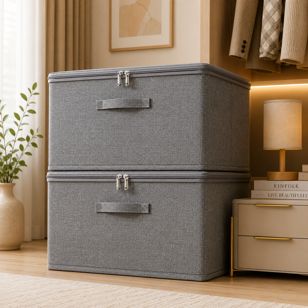 Grey fabric foldable storage box with two clasp lids and front pull handles, stacked