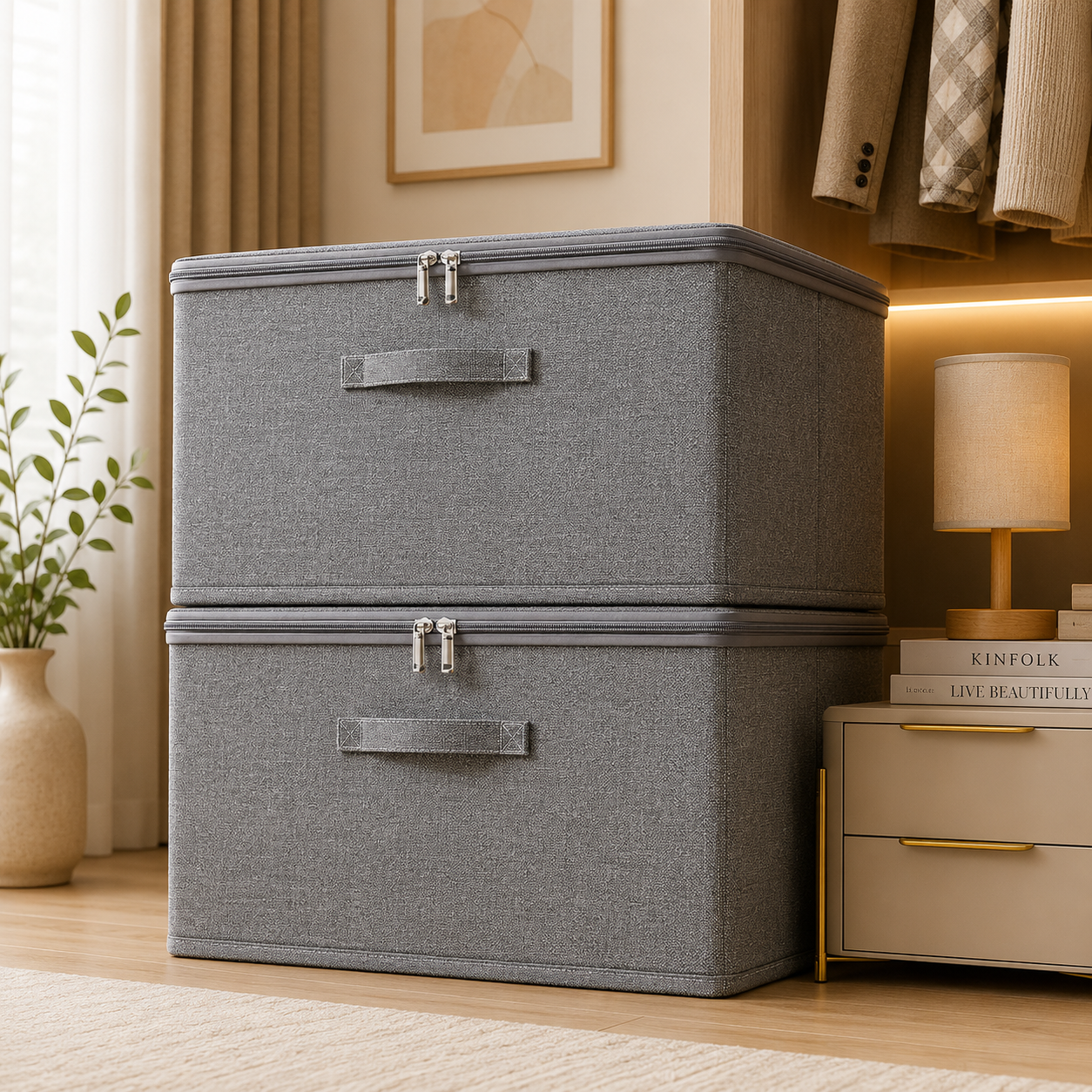 Grey fabric foldable storage box with two clasp lids and front pull handles, stacked