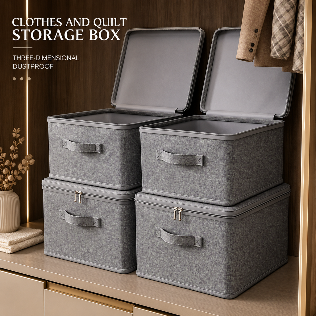 Set of four grey fabric foldable storage boxes with front handles and clasped lids