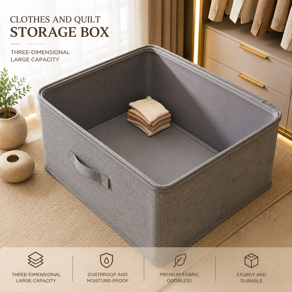 Grey fabric foldable storage box with open lid, fabric base and front pull handle