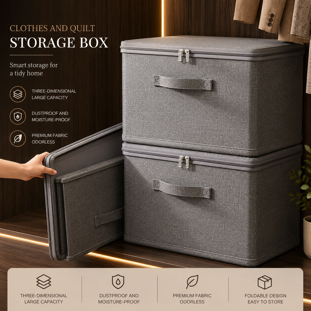 Two grey fabric foldable storage boxes stacked with front handles and clasped lids